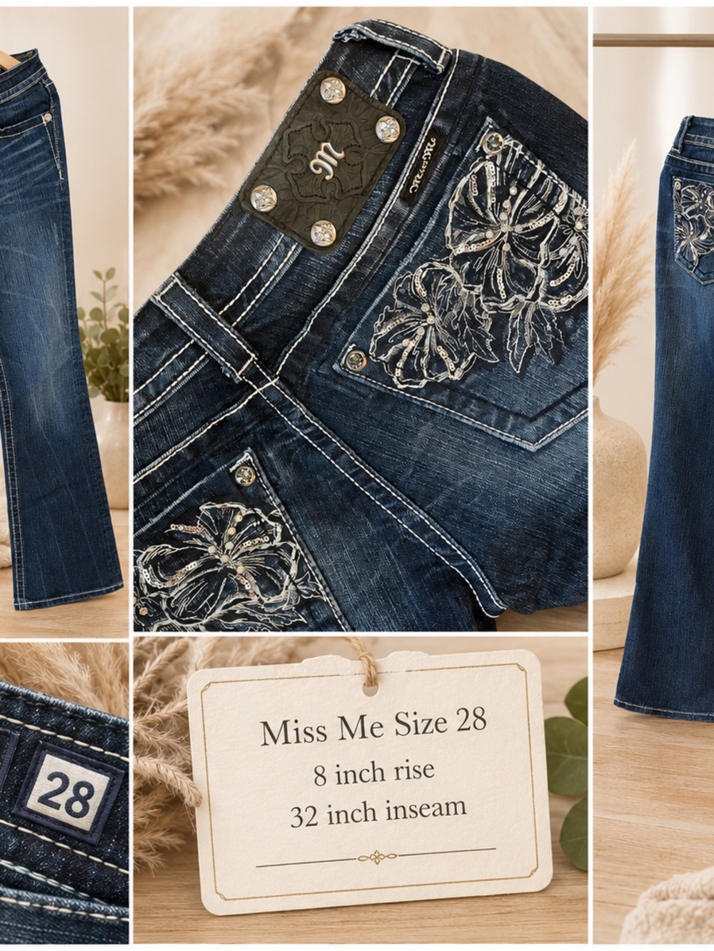 Miss Me Dark Blue Embroidered Bootcut Size 28 32 length. Cute Rhinestones